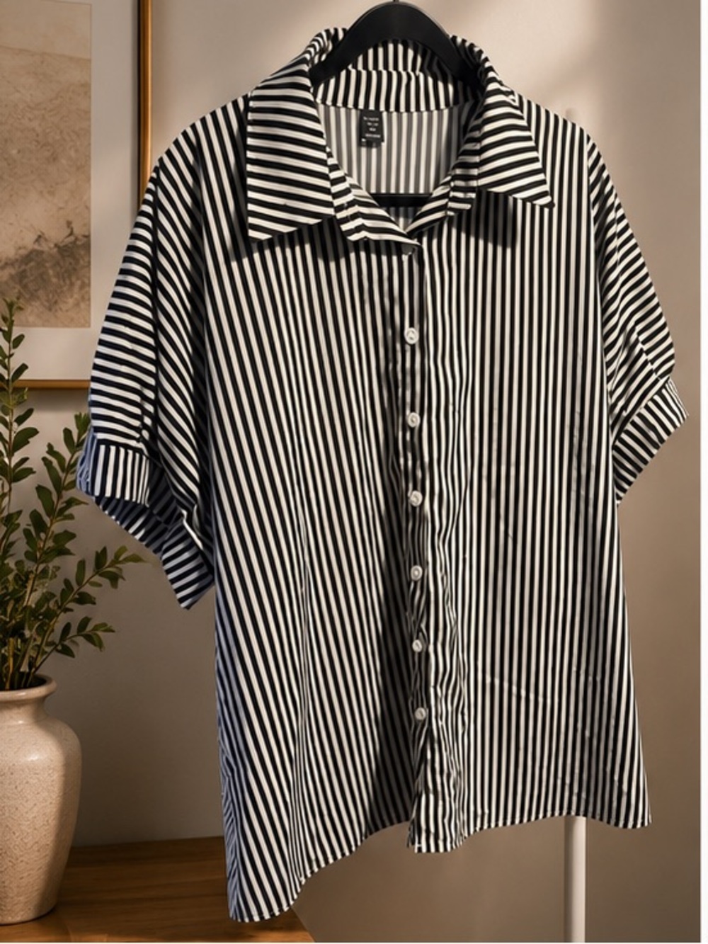 New Black & White Striped Collared Shirt